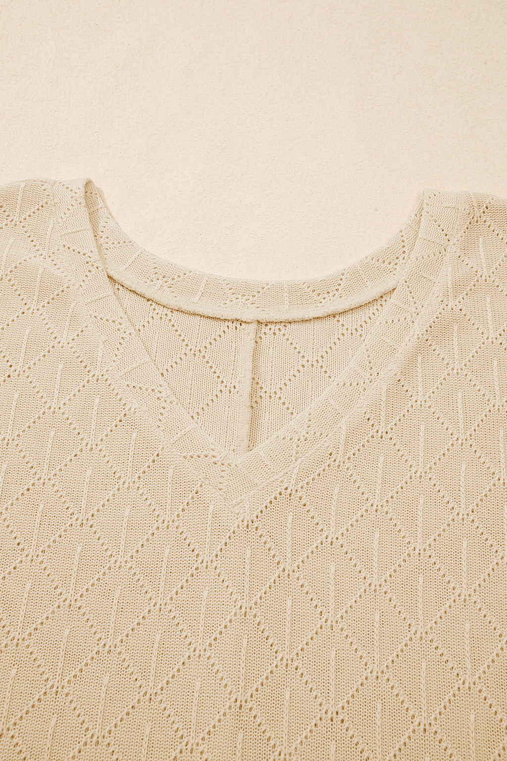 White Pointelle Rhombus Knit Plus Size V Neck Loose Top