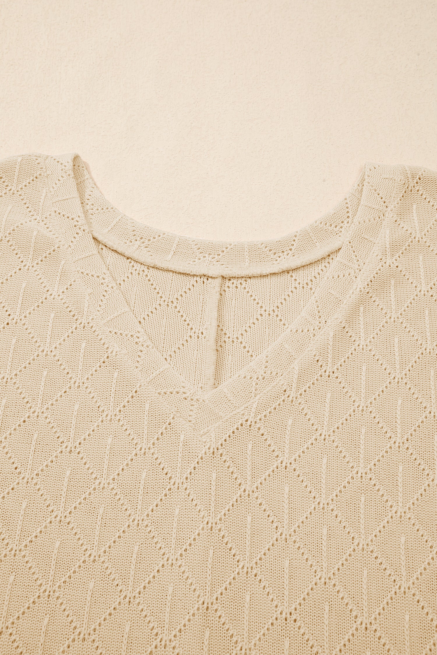 White Pointelle Rhombus Knit Plus Size V Neck Loose Top