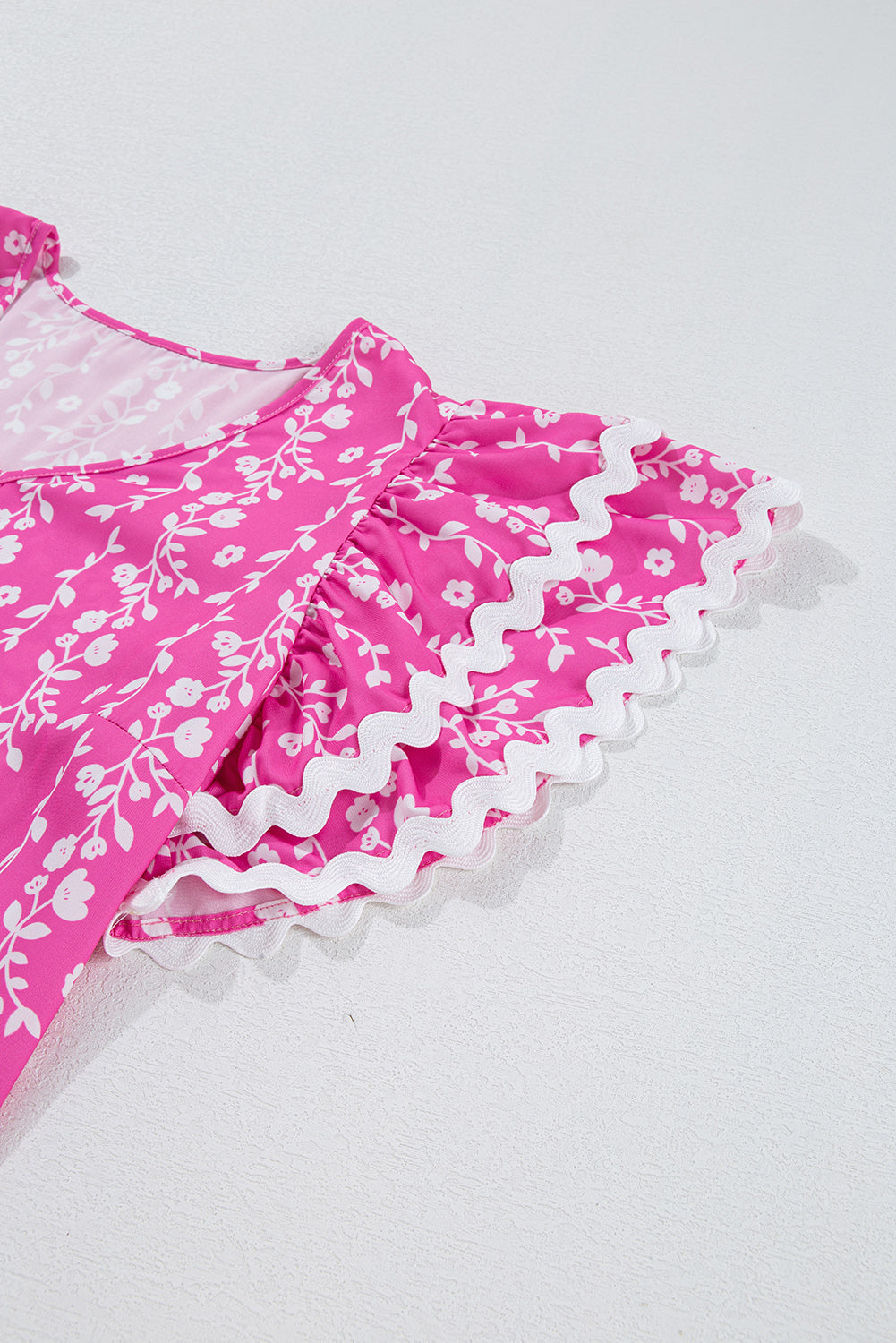 Pink Floral Print Ric-rac Tiered Ruffled V Neck Blouse