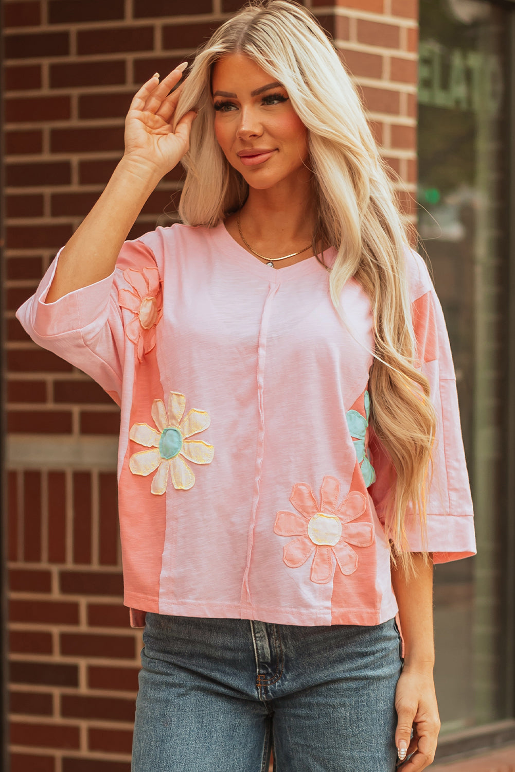 Light Blue Flower Patched Exposed Seam Bracelet Sleeve Oversized T Shirt