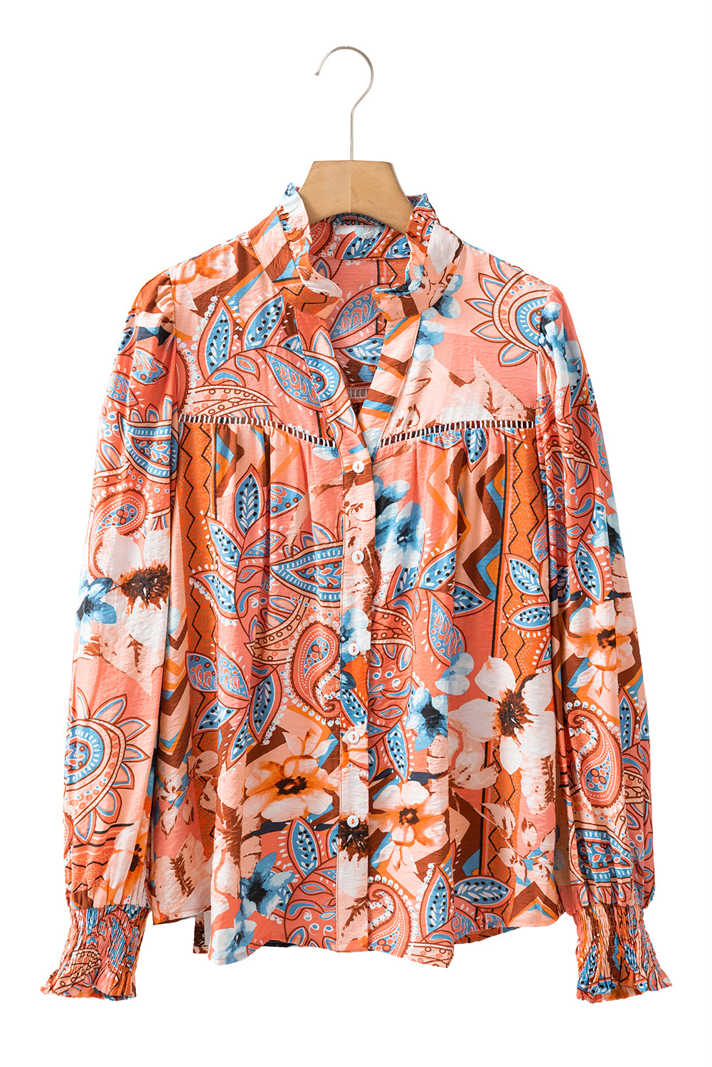 Orange Floral Print Shirred Cuff Buttoned Loose Shirt