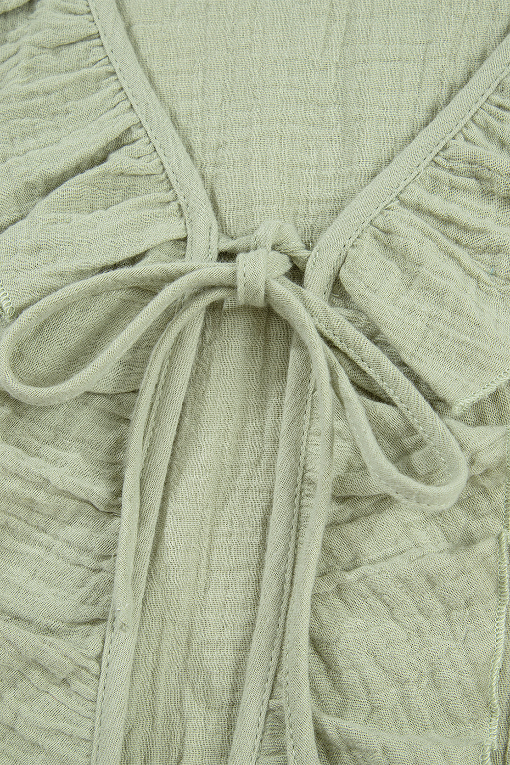 Meadow Mist Green Bow Tie Front Ruffle Trim V Neck Long Sleeve Gauze Blouse