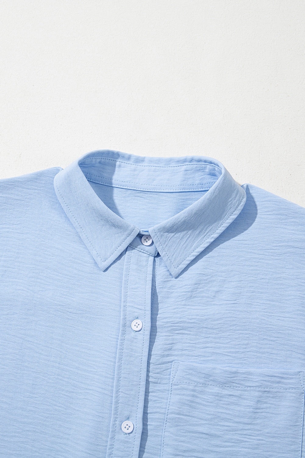 Mist Blue Solid Color Cuffed Short Sleeve Shirt