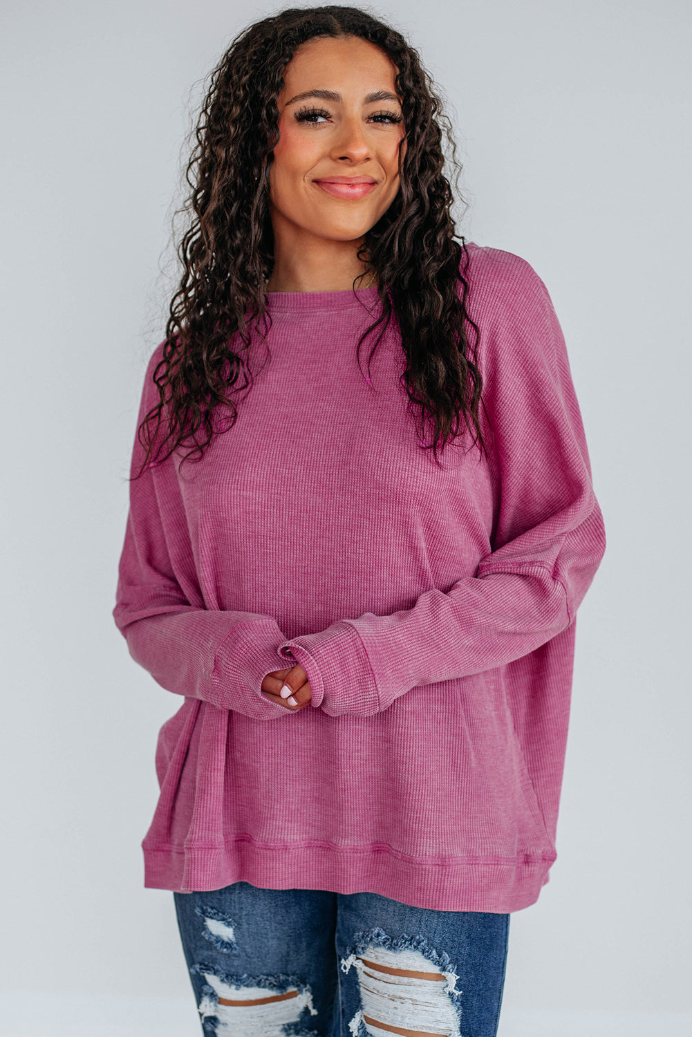 Dark Brown Waffle Knit Patchwork Long Sleeve Loose Top