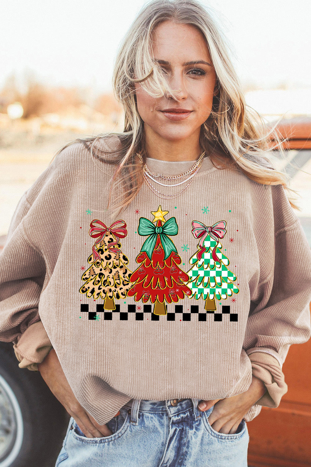 Apricot Christmas Tree Holiday Corded Tunic Sweatshirt