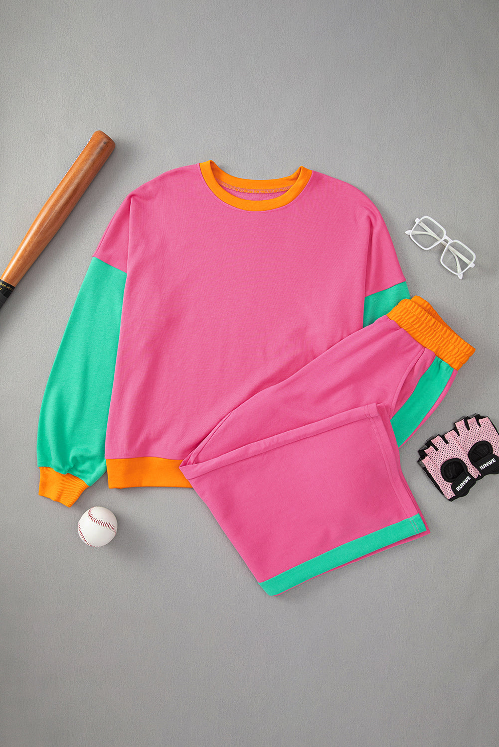 Apricot 2pcs Color Block Pullover Loose Pant Set