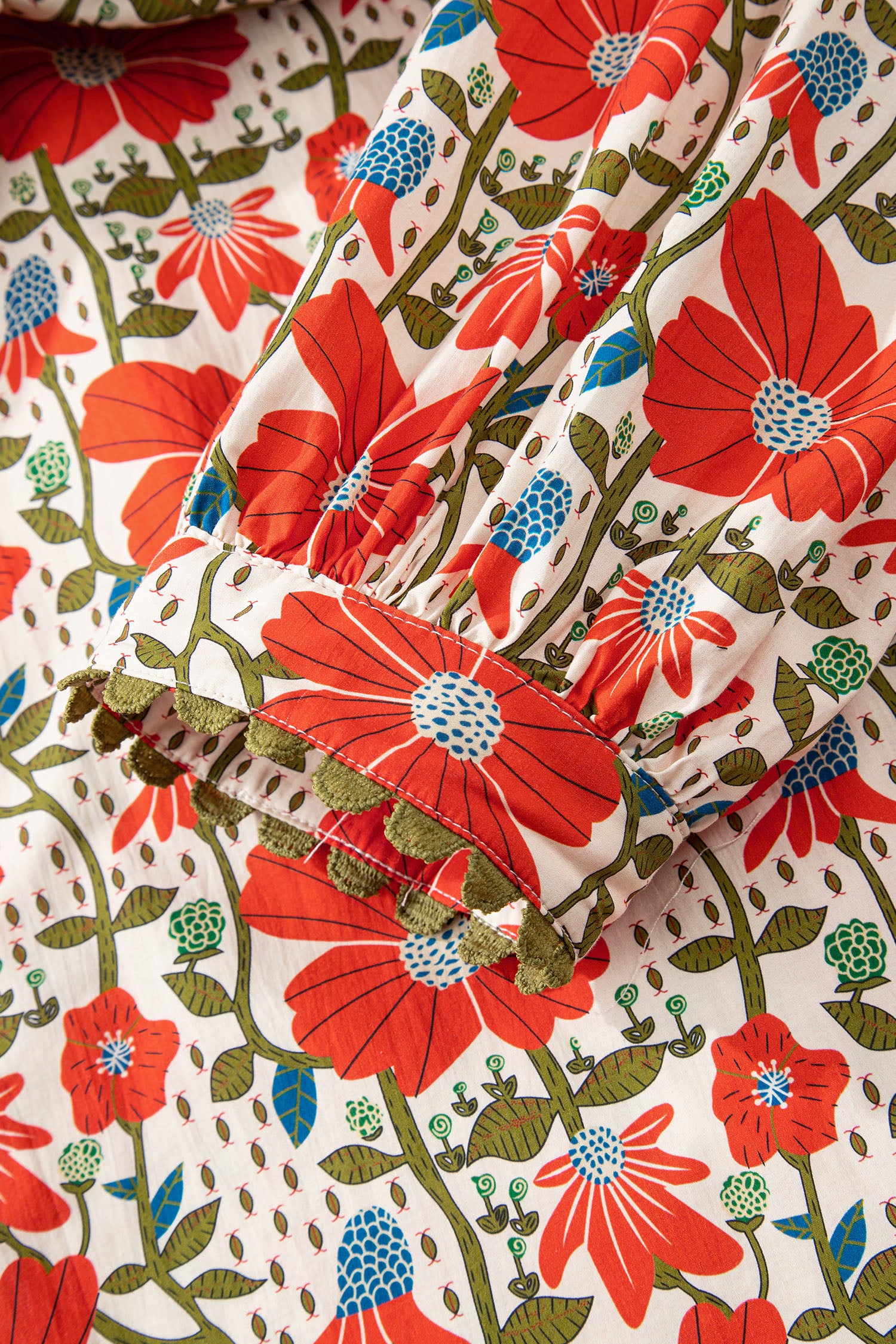 Red Floral Print Ricrac Trim V Neck 3/4 Sleeve Loose Mini Dress