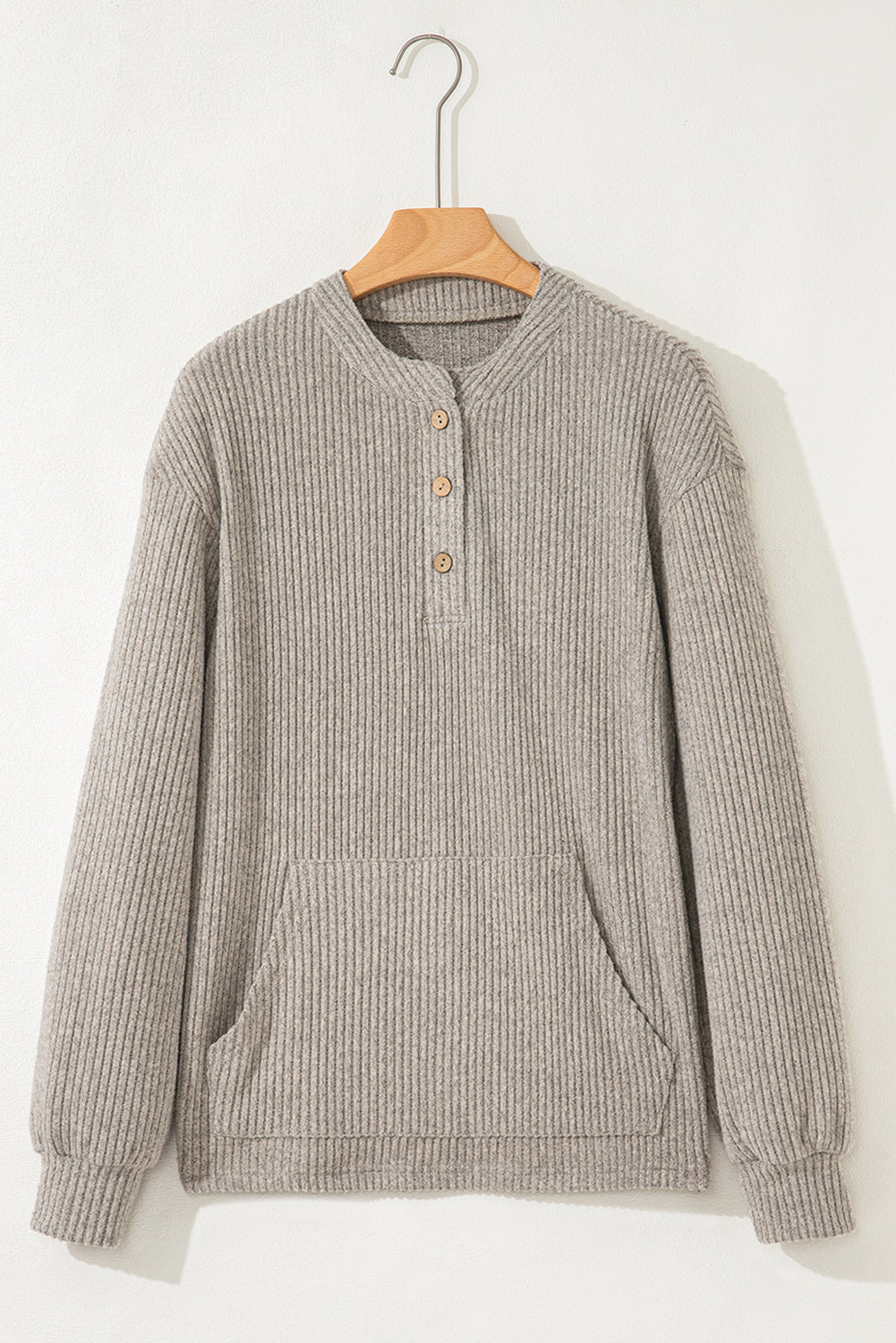 Simply Taupe Plus Size Ribbed Knit Kangaroo Pocket Henley Long Sleeve Top