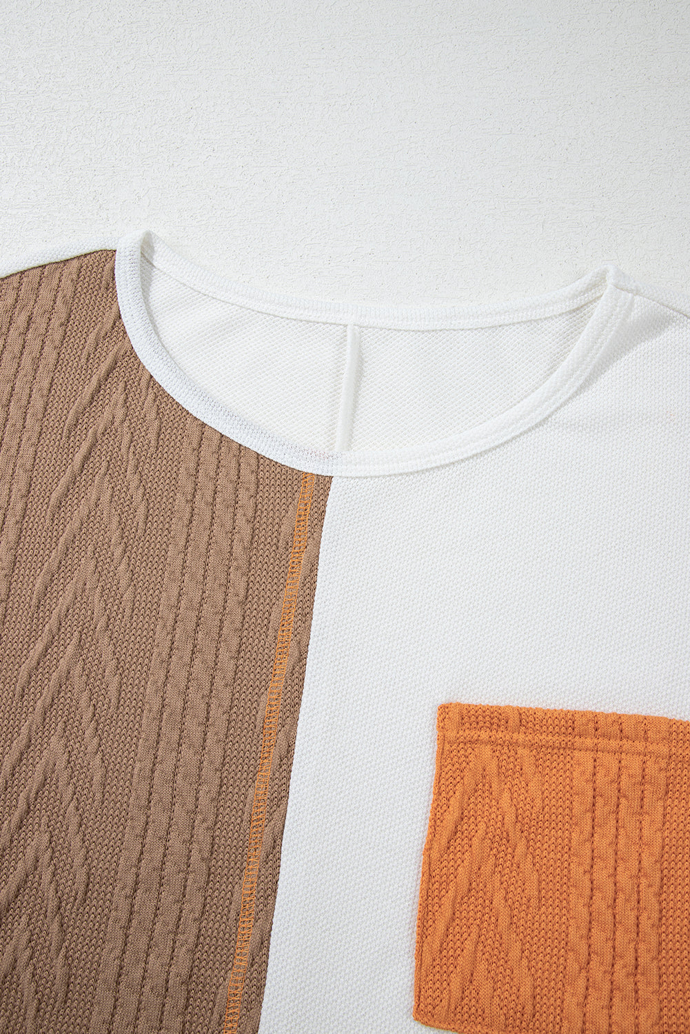 Orange Long Sleeve Colorblock Chest Pocket Textured Knit Top