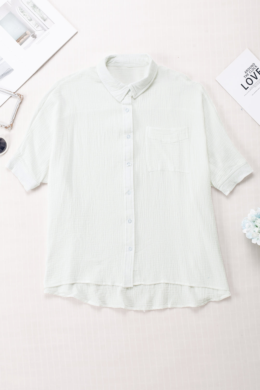 White Textured Cotton Gauze Single Chest Pocket 3 4 Sleeve Oversize Shirt