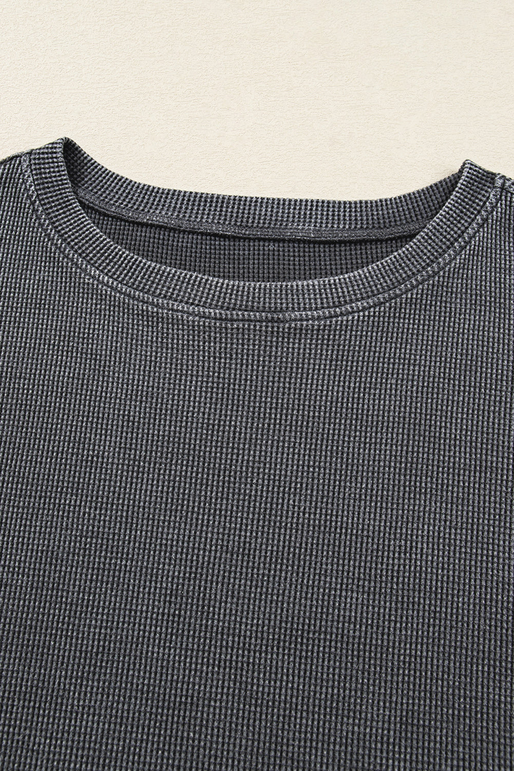 Dark Brown Waffle Knit Patchwork Long Sleeve Loose Top