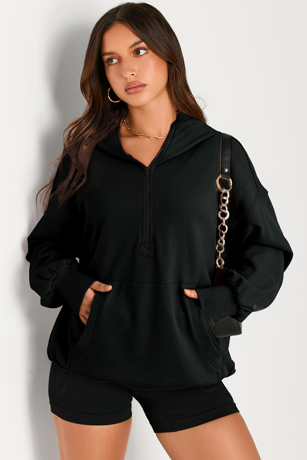 Light Grey Solid Kangaroo Pocket Half Zipper Oversized Hoodie