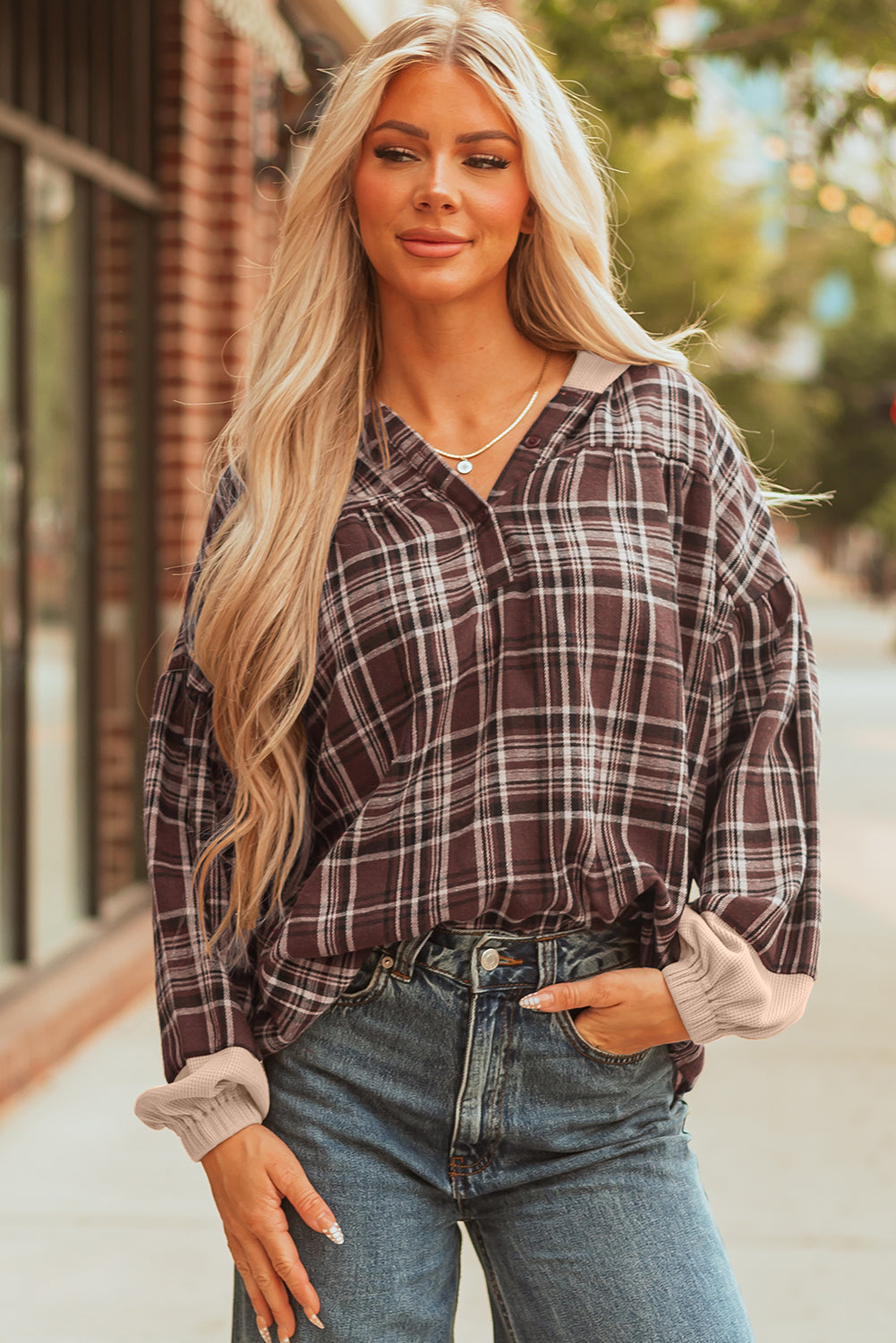 Gray Plaid Patchwork Long Sleeve Button Hooded Blouse