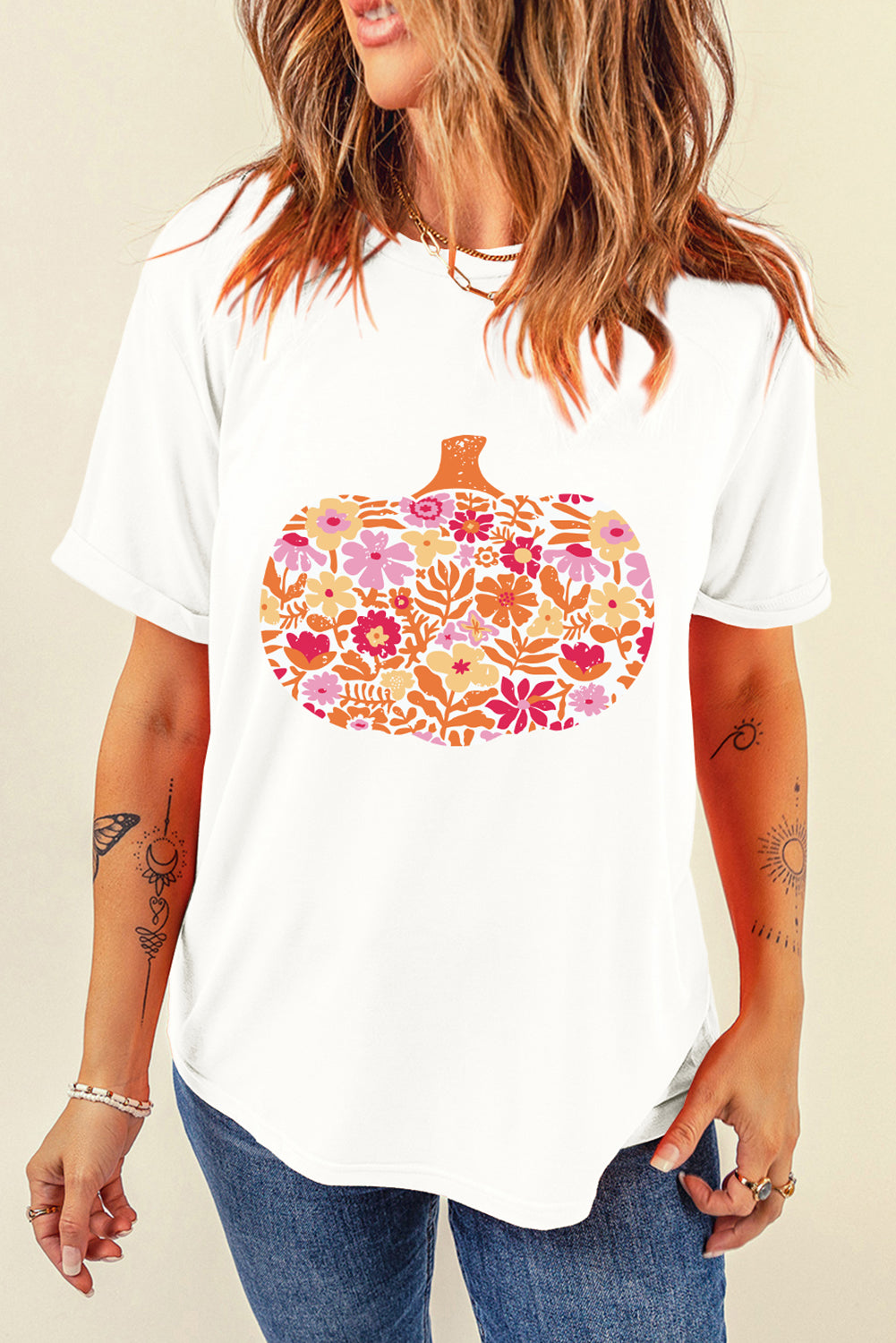 White Floral Pumpkin Cracking Print Thanksgiving Fashion T Shirt