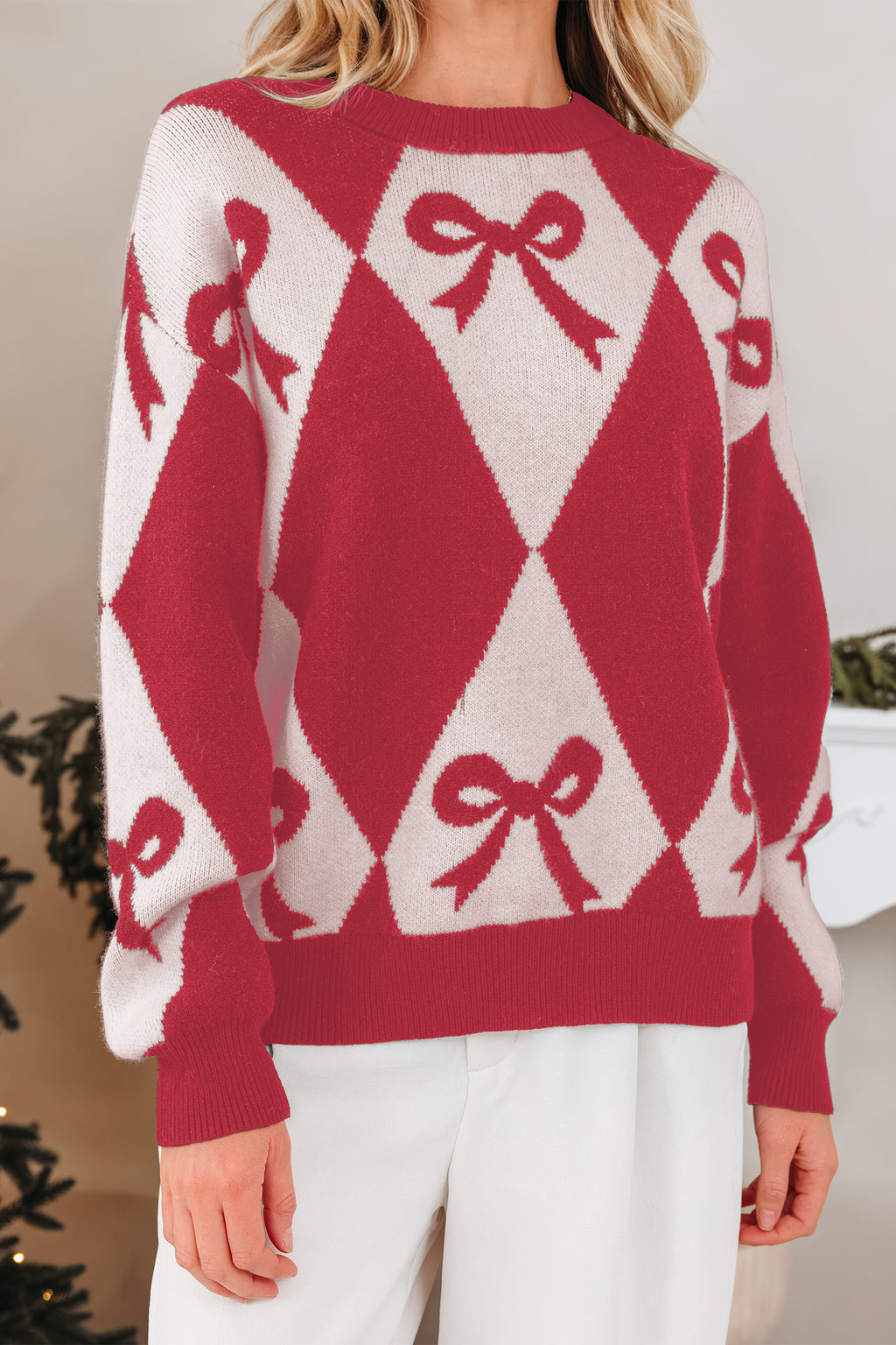 Black Bow Print 2-tone Rhombus Knit Loose Sweater