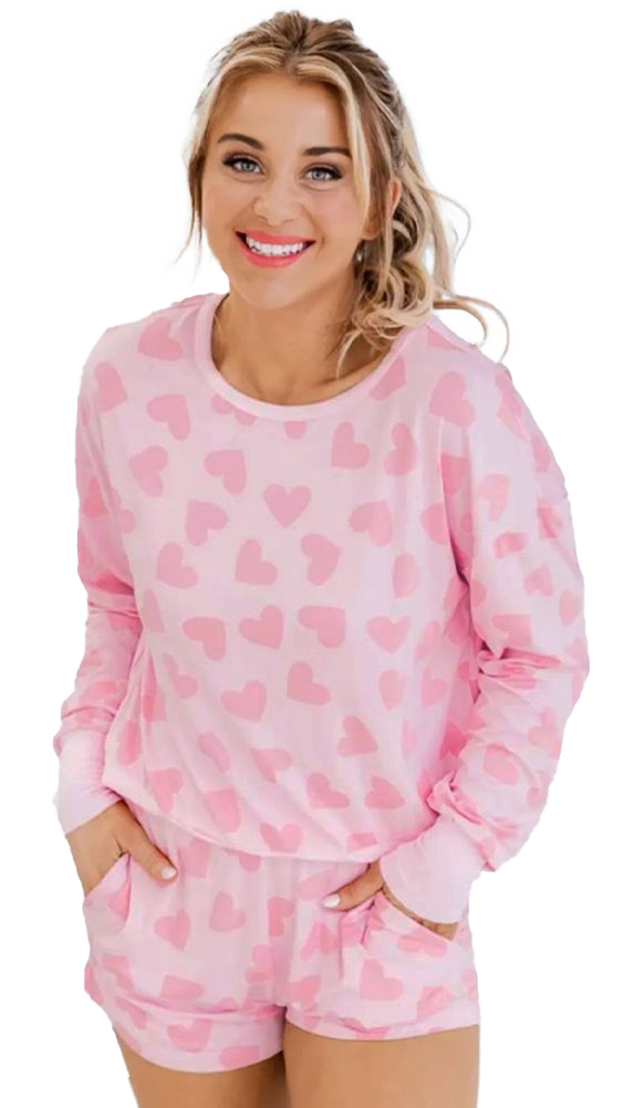 Black Valentine Heart Shape Print Long Sleeve Top Shorts Lounge Set