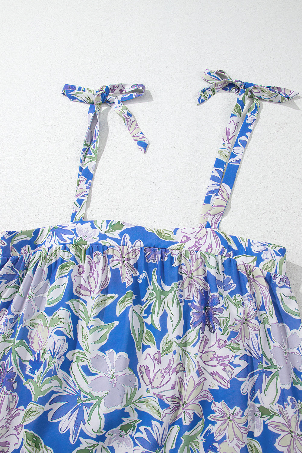 Sky Blue Floral Print Self-tie Straps Flowy Ruffle Long Dress