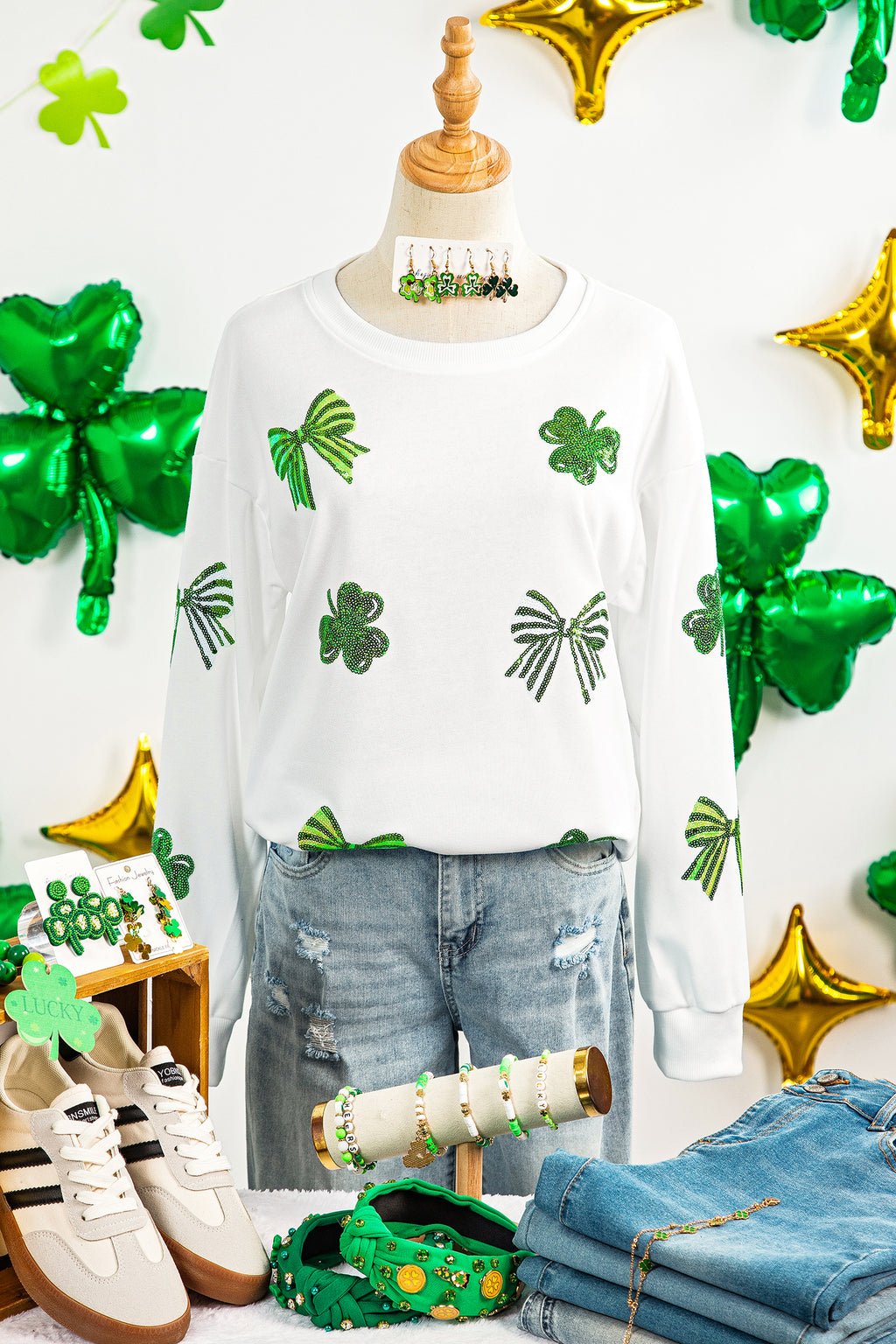White LUCKY Clover Embroidered Long Sleeve Top