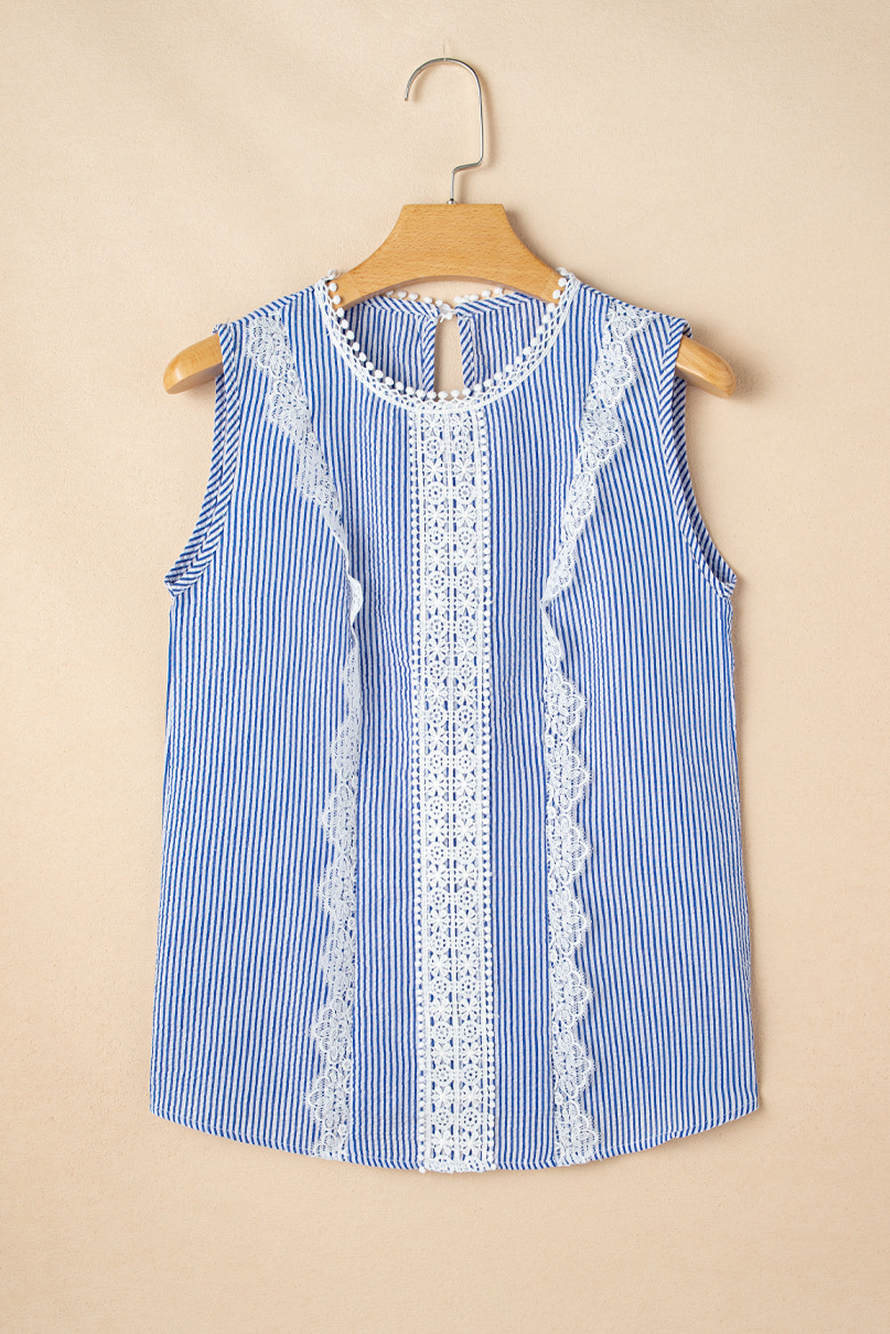 Sky Blue Stripe Floral Lace Splicing Puff Sleeve Blouse