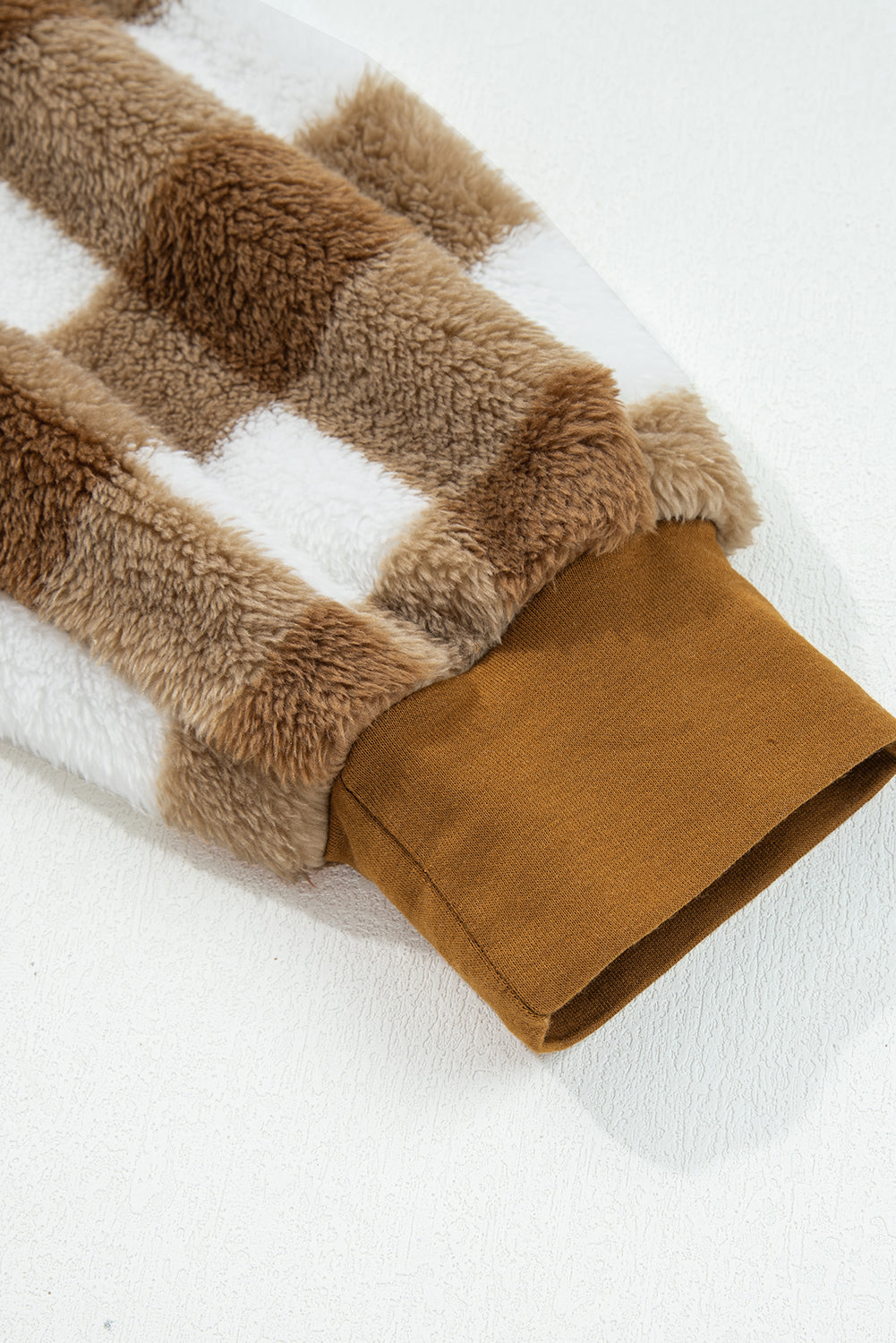 Brown Checkered Sherpa Loose Knit Cardigan with Pockets