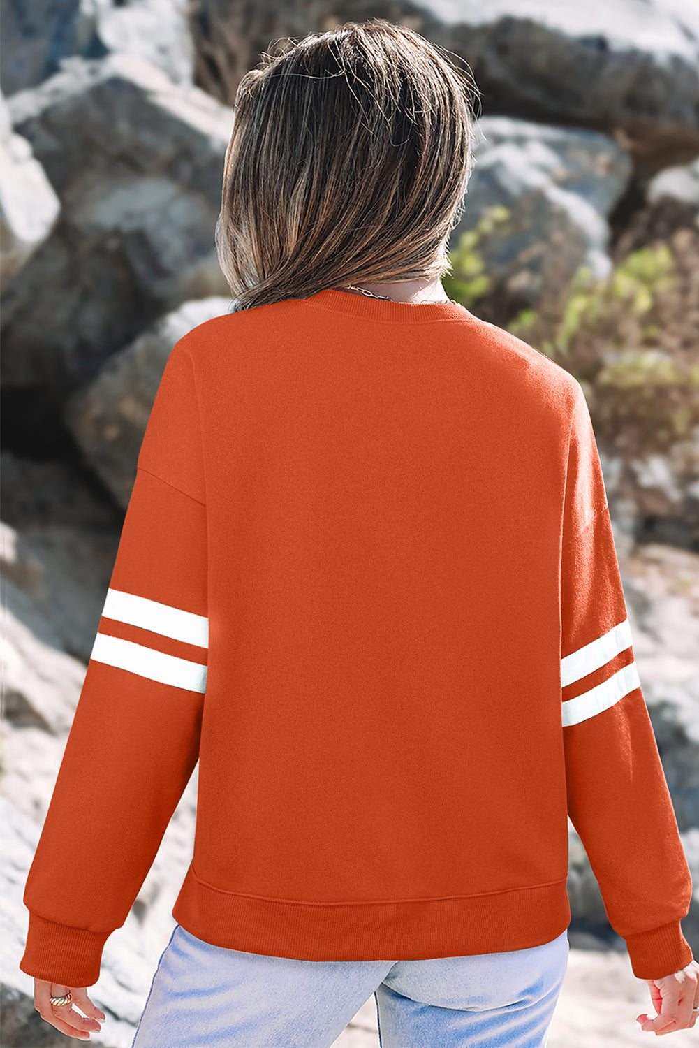 Orange Varsity Striped Sleeve Sequin Patched Thanksgiving Turkey Sweatshirt