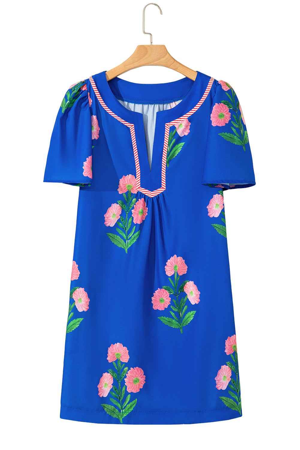 Apricot Floral Short Sleeve Split Neck Loose Mini Dress