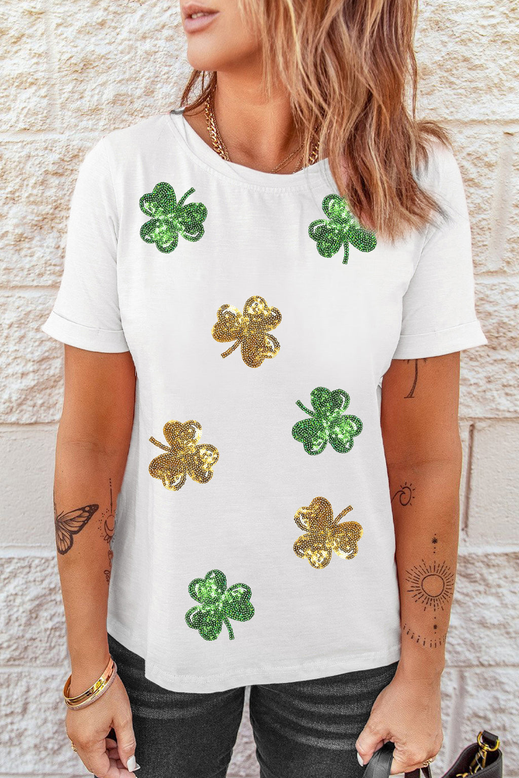 White 2-tone Sequin Clovers St Patricks Day T Shirt