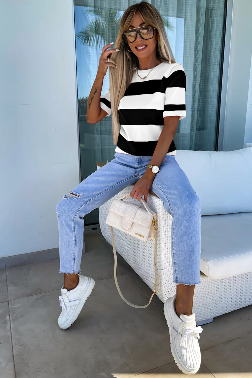 Pink Stripe Colorblock Striped Knitted T shirt