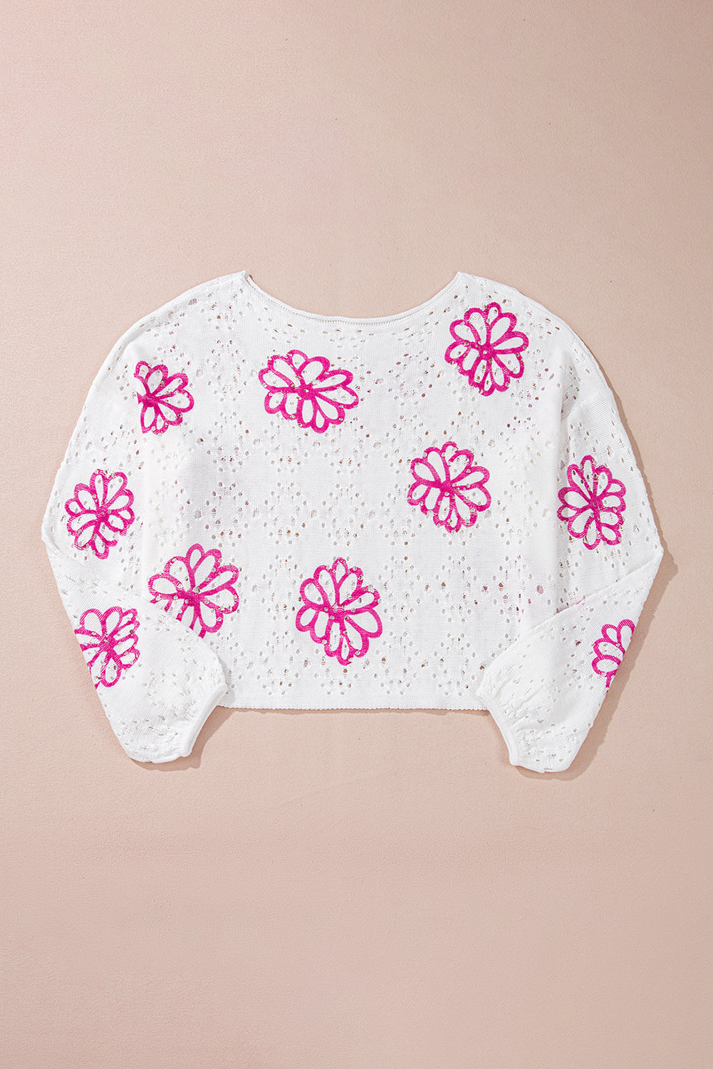 Beige Contrast Flower Print Eyelet Drop Shoulder Sweater