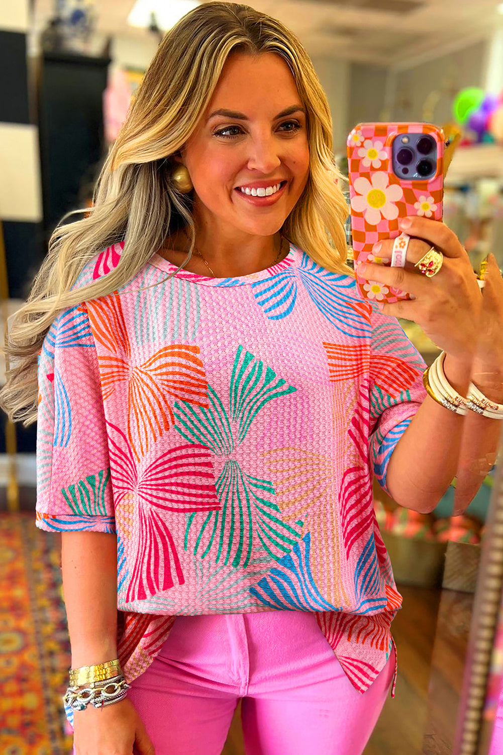 Multicolour Bowknot Printed Waffle Crewneck Loose Short Sleeve Top