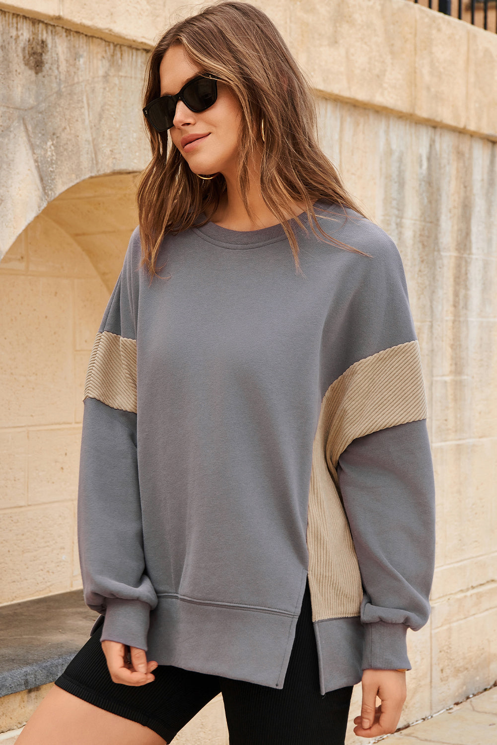 Black Corduroy Patched Side Slit Sweatshirt