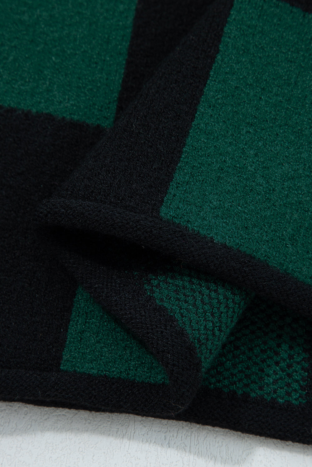 Black Checked Notched Neckline Drop Shoulder Knit Sweater