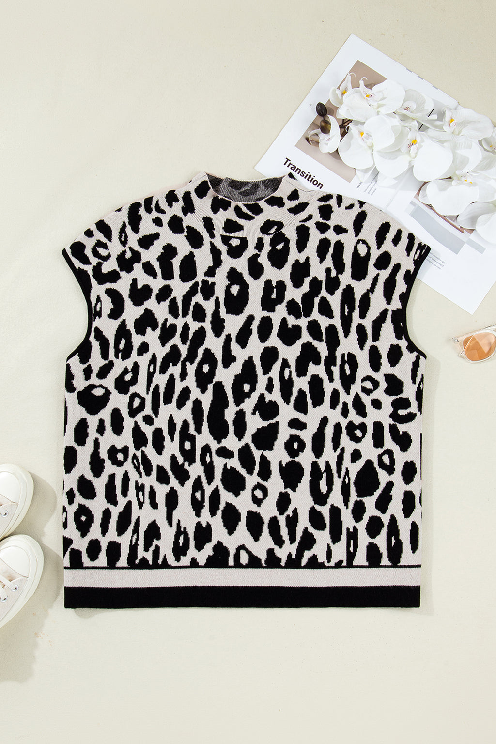 Black Leopard Print High Neck Short Sleeve Sweater