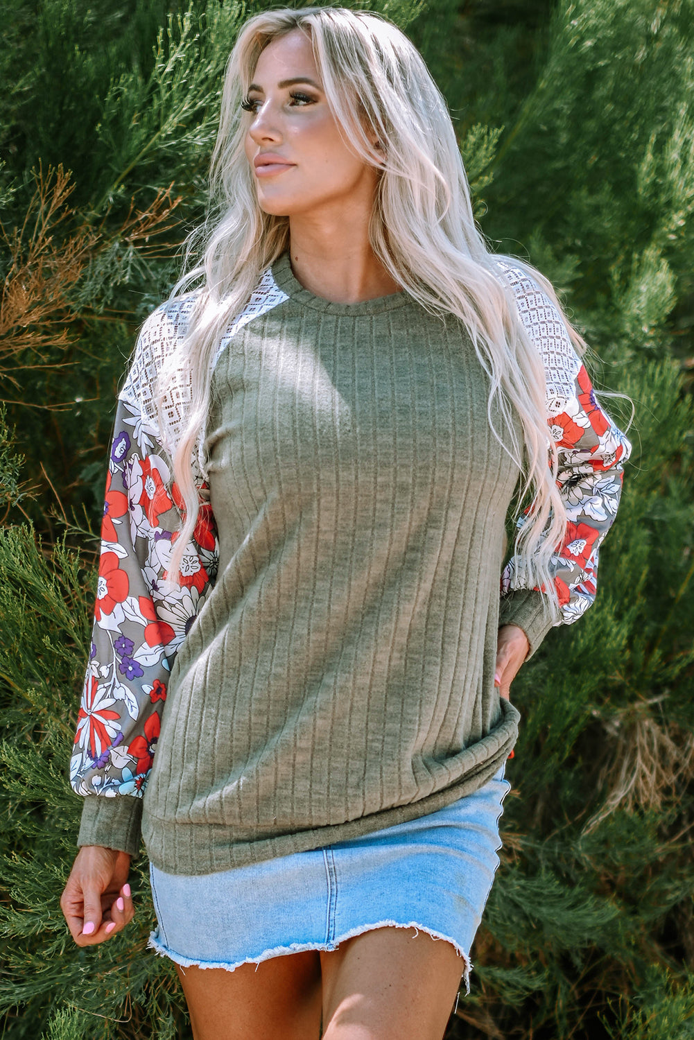 Vineyard Green Plus Size Textured Floral Patchwork Raglan Sleeve Blouse