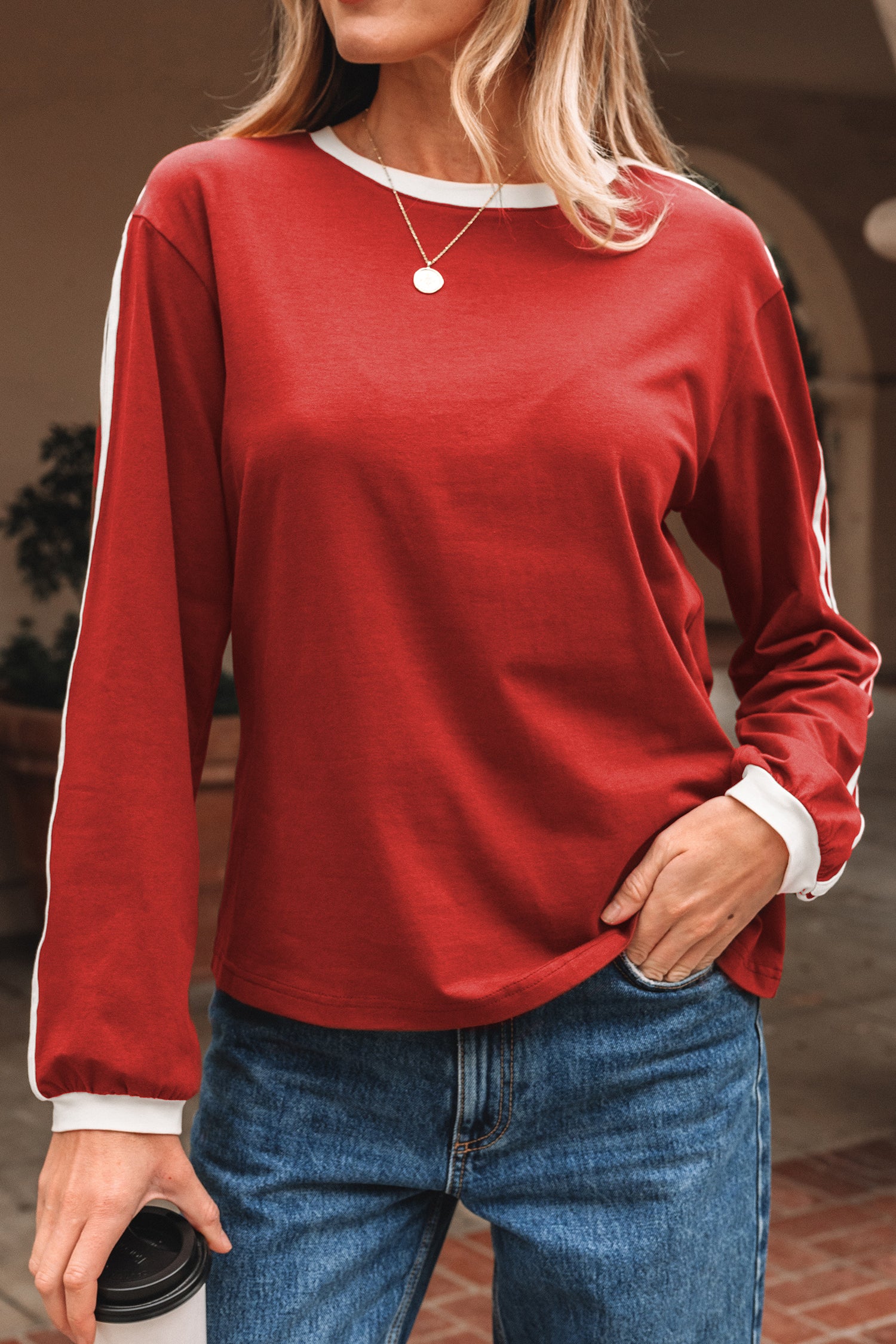 Dark Brown Varsity Striped Accent Contrast Crew Neck Long Sleeve T Shirt