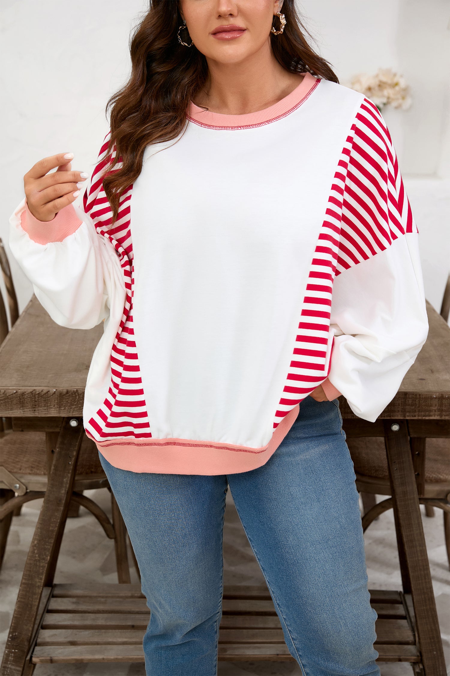 Red Stripe Colorblock Patchwork Contrast Stitching Oversize Sweatshirt