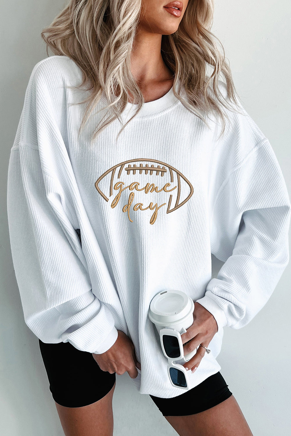 Apricot Rugby Game Day Embroidered Corduroy Sweatshirt