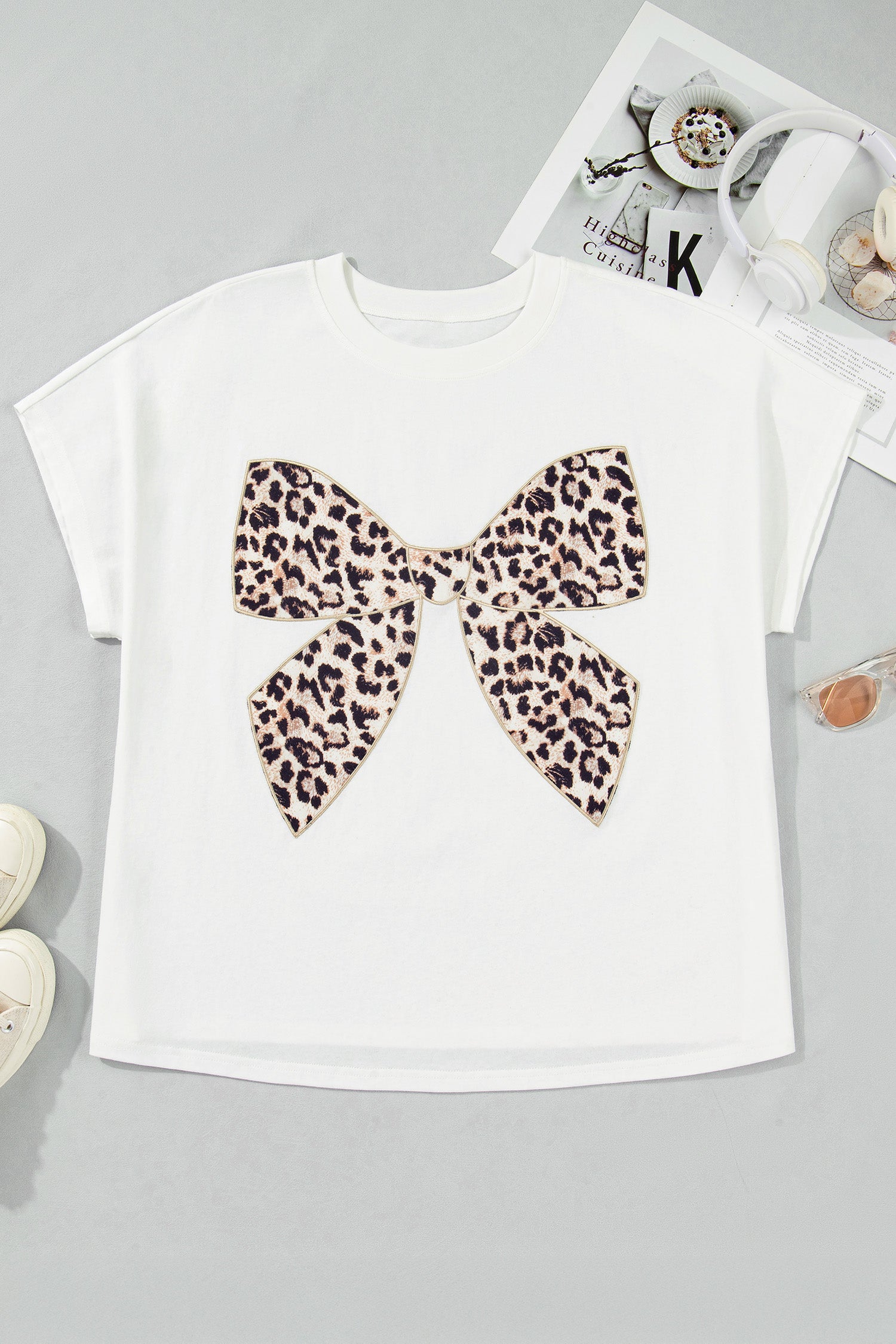 Pink Leopard Bow Embroidered Cotton Round Neck T Shirt