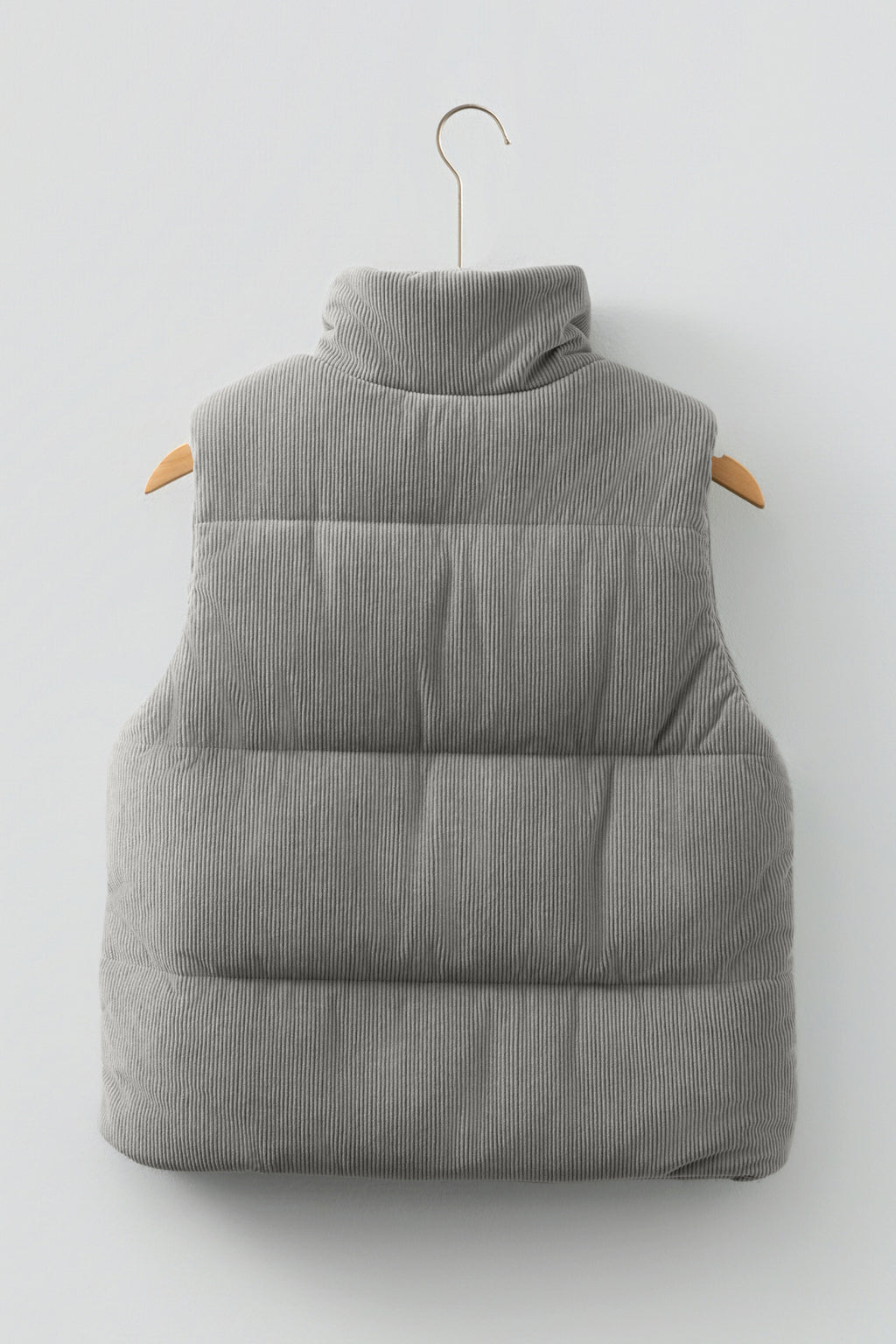 Beige Corduroy Stand Neck Zipped Puffer Vest