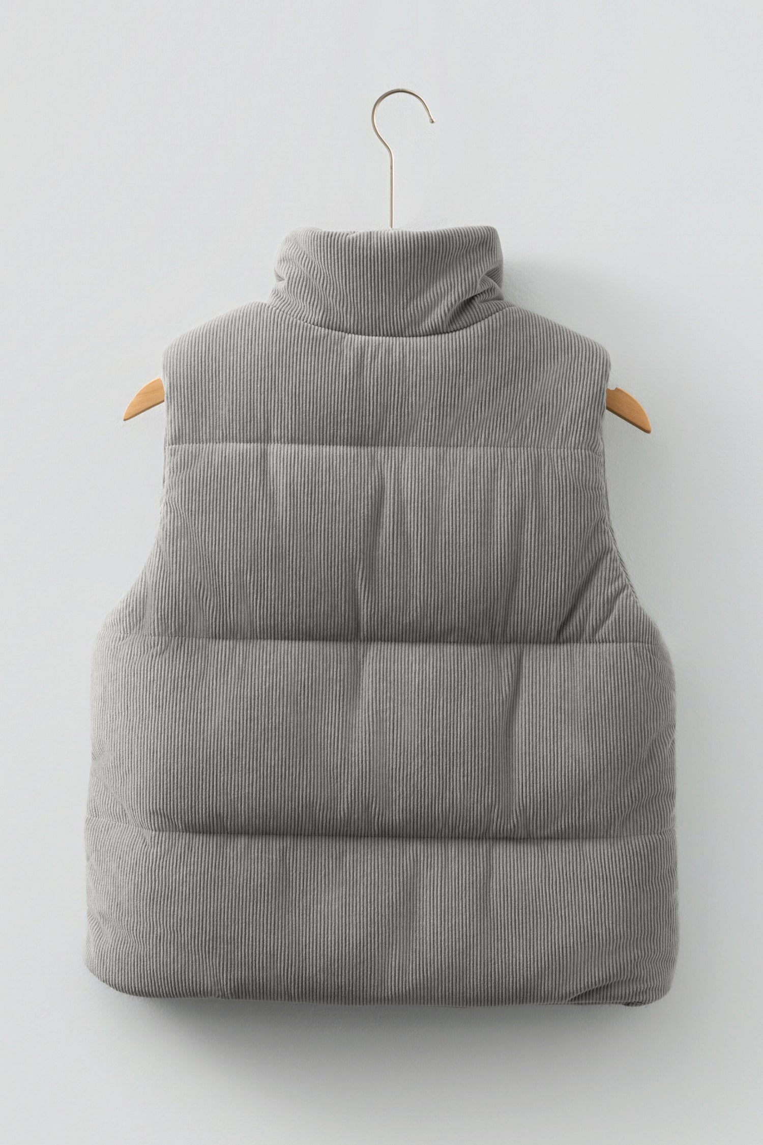 Beige Corduroy Stand Neck Zipped Puffer Vest