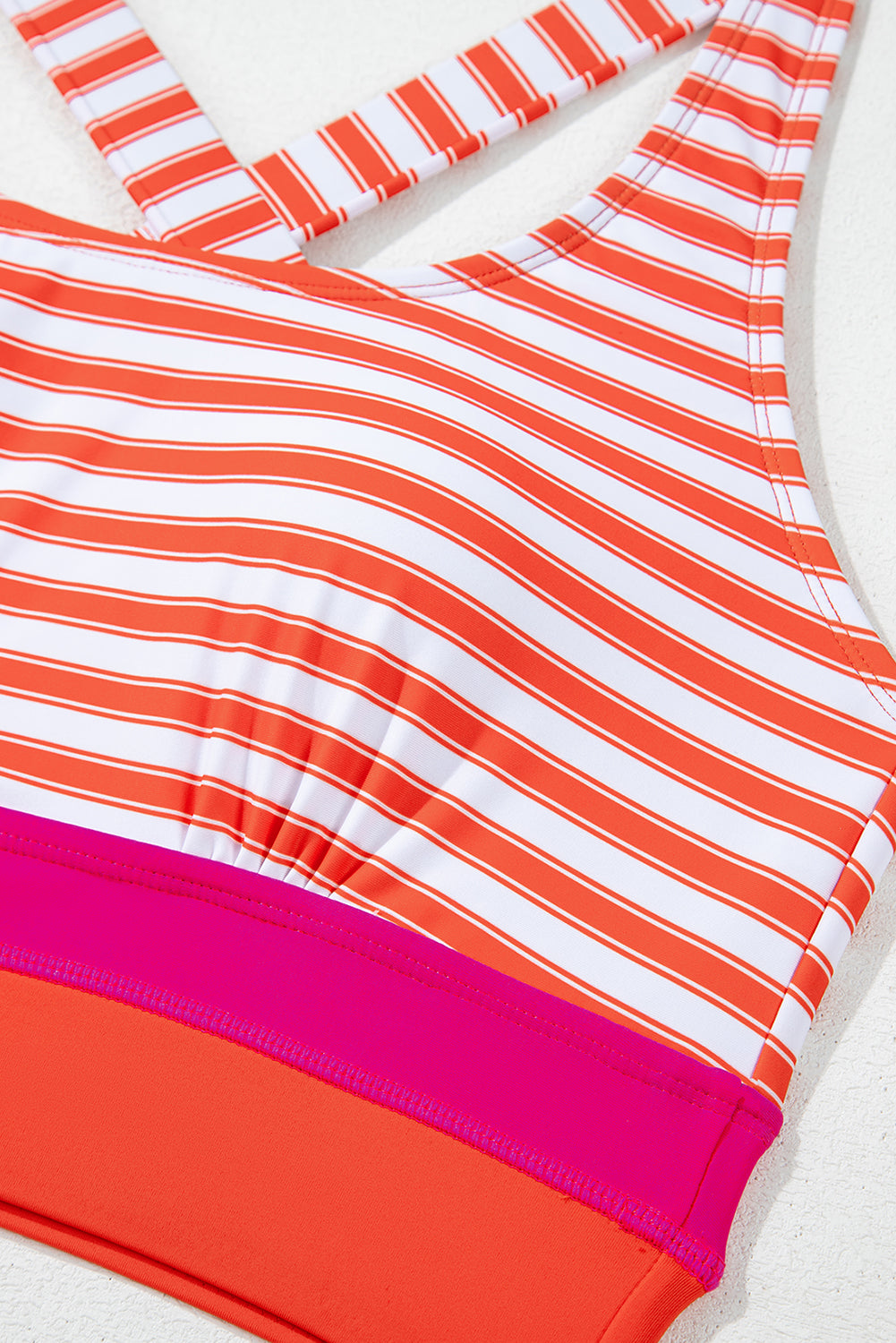 Orange Stripe Color Block Patchwork Cross Straps High Waist Bikini Swimsuit
