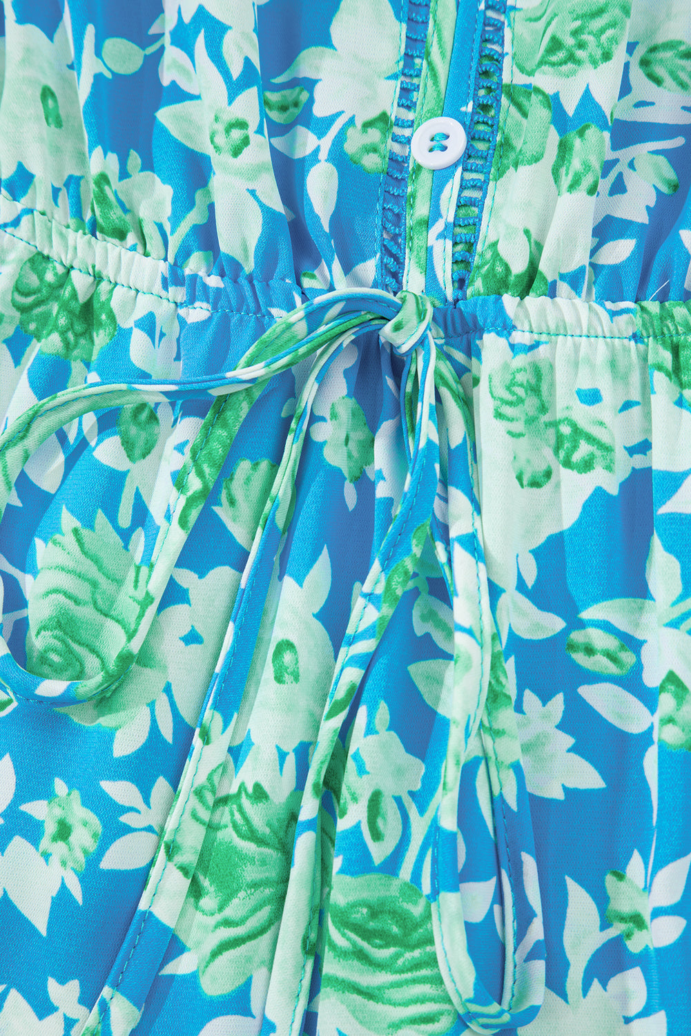 Green Floral Print Trimmed V Neck Tie Waist Sleeveless Holiday Long Dress