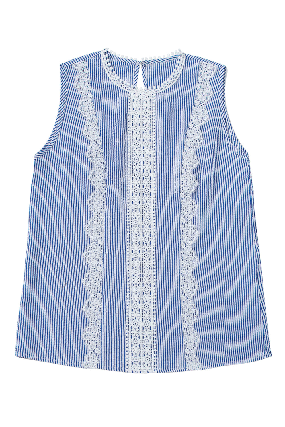 Sky Blue Stripe Floral Lace Splicing Puff Sleeve Blouse
