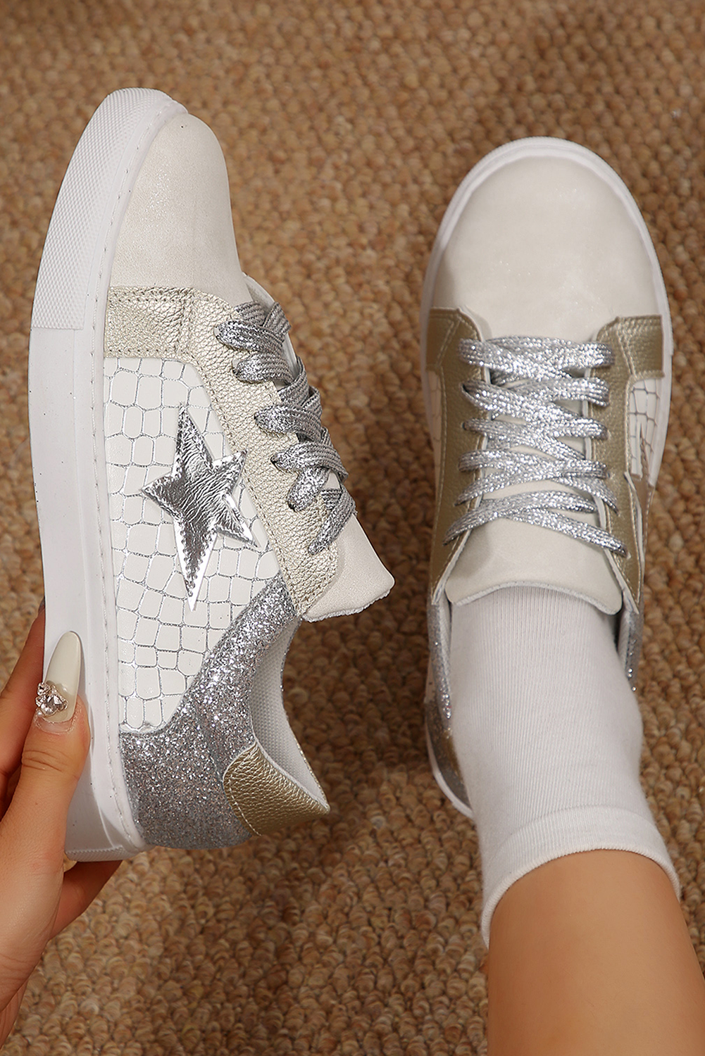 Dearlove Gold Glitter Star Patchwork PU Leather Lace-up Sneakers