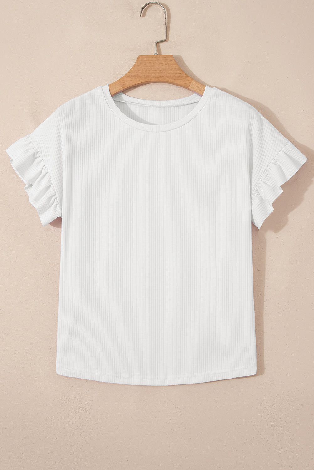 Blackish Green Solid Color Ribbed Ruffled Short Sleeve T Shirt