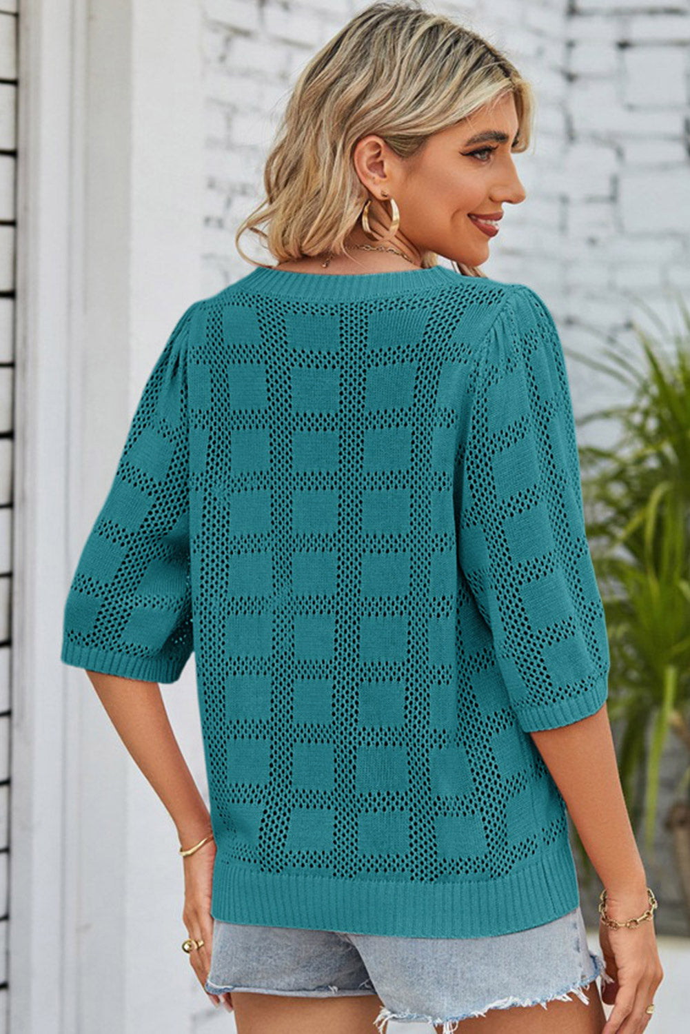 White Plaid Pattern Crochet Knit Short Sleeve Sweater