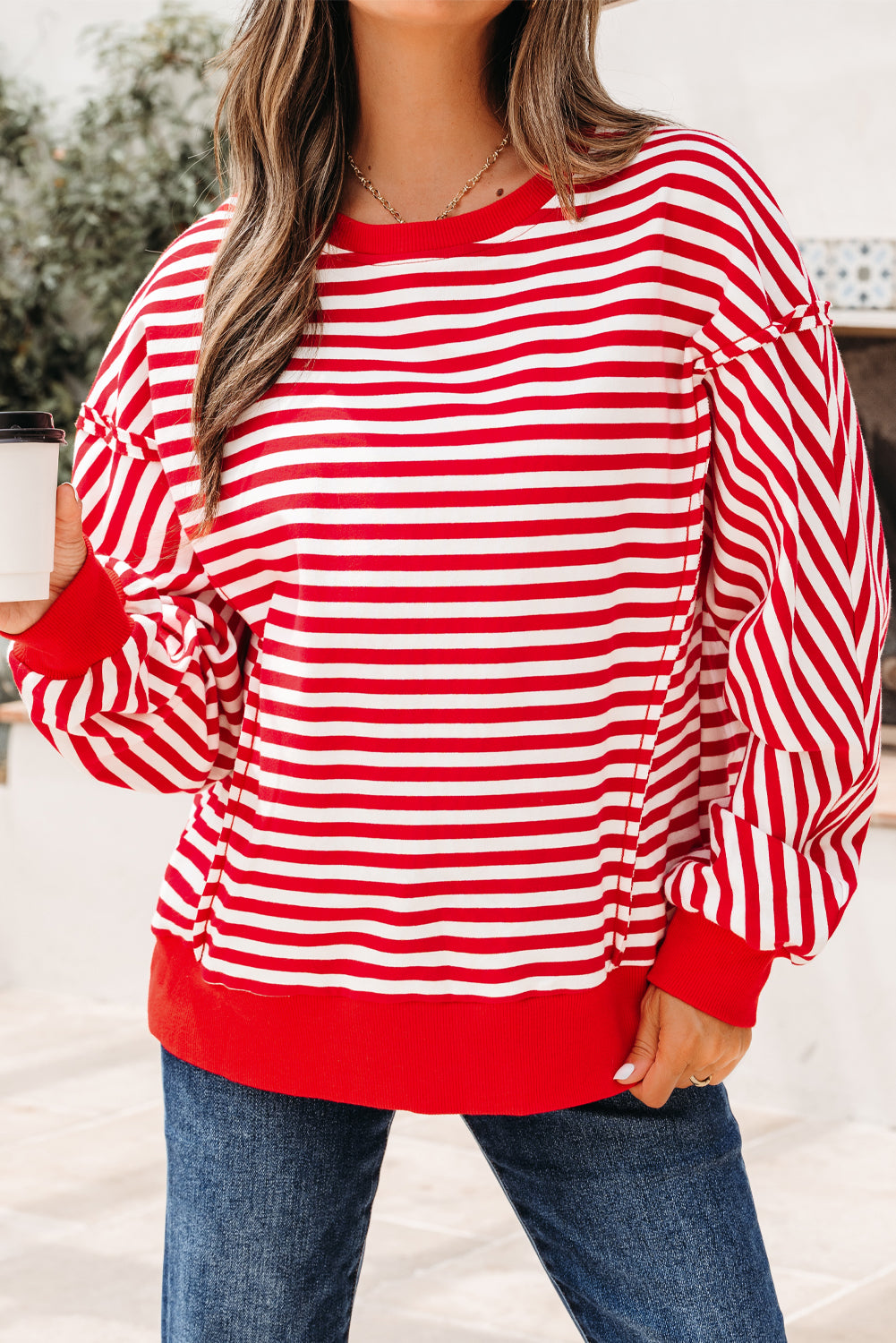 Orange Stripe Exposed Seam Drop Shoulder Casual Pullover Top
