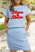 Beau Blue Stars & Stripes Graphic Textured Contrast Trim Casual Skirt Set