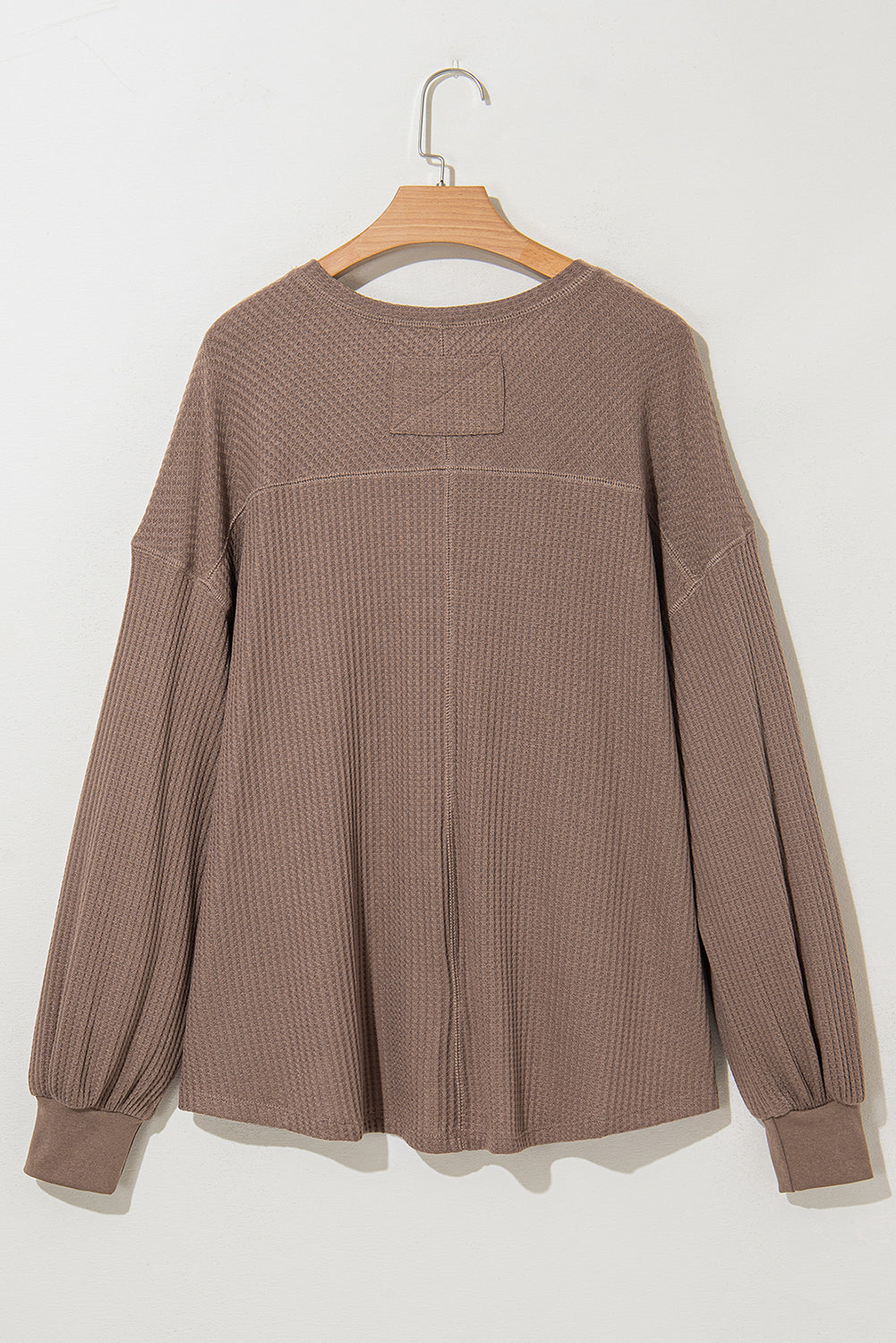 Light Pink Waffle V Neck Long Sleeve Drop Shoulder Loose Blouse