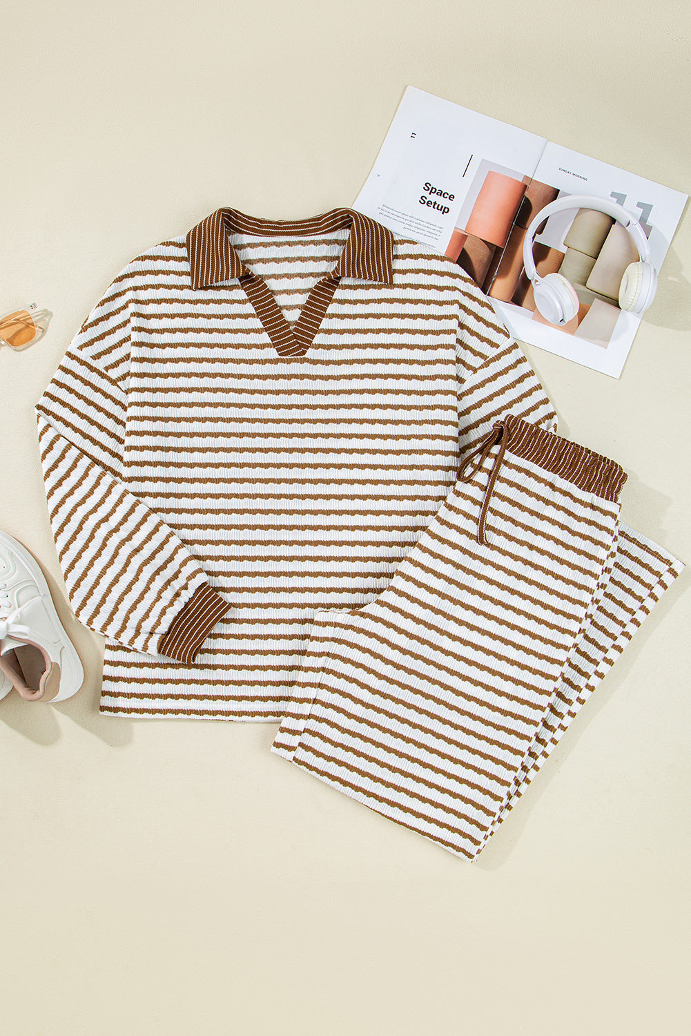 Khaki Stripe Plus Size Collared V Neck Loose Pullover Drawstring Elastic Waist Wide Leg Pant Set